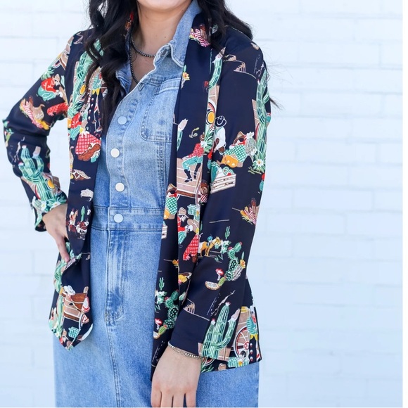 NWT Satiny Open Front Rodeo Western Print Black Wagon Blazer – Size XL - Picture 1 of 7